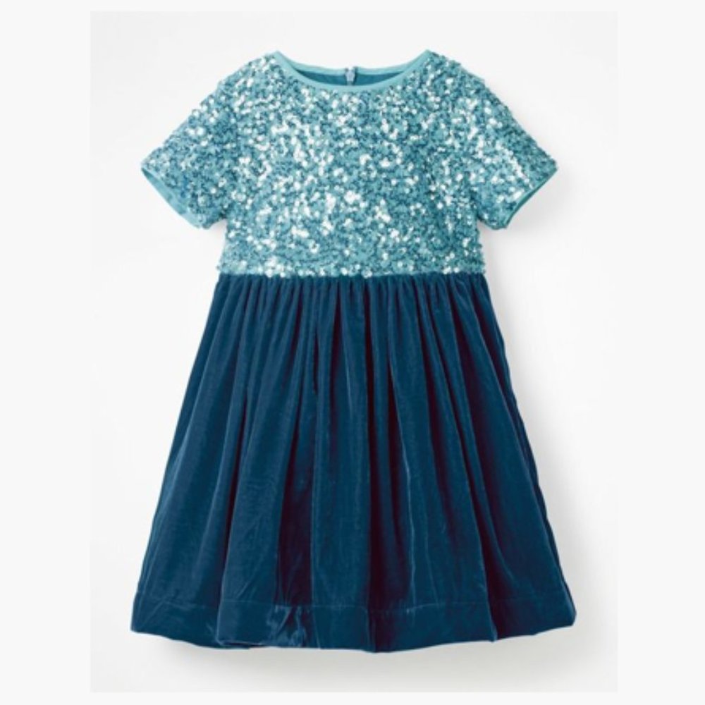 Mini Boden Girls Velvet Sequin Party Dress in drummer blue, size 122cm (6/7)